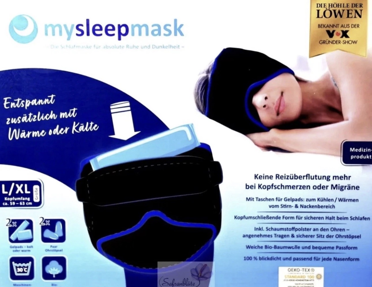 mysleepmask Schlafmaske - Ohrstöpsel - Gelpads Aufbewahrungsbeutel Migräne L/XL